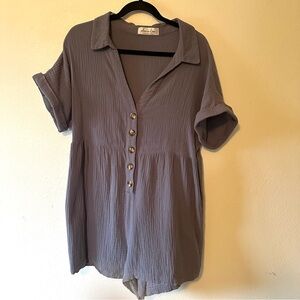 Casual Grayish Blue Button-Up Romper